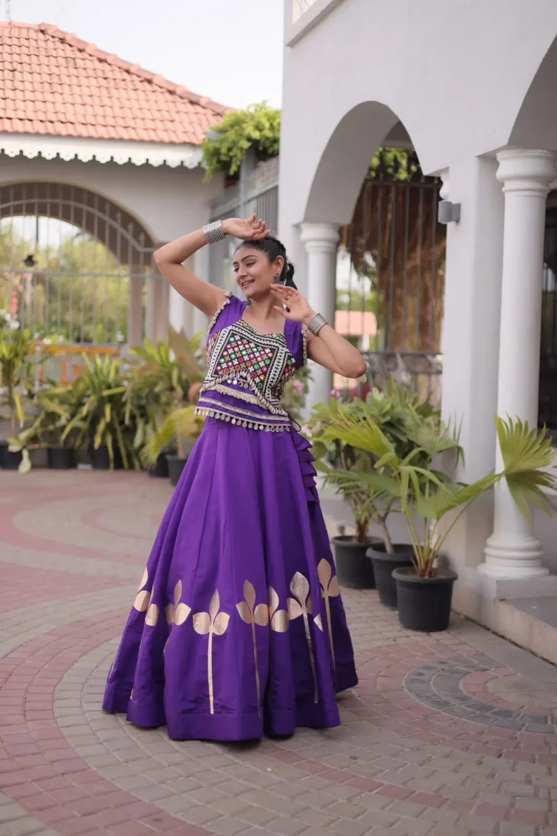 Purple Colour Roman Silk Pan-Patti Gota Designer Navratri Lehenga