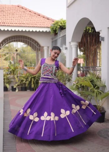 Purple Colour Roman Silk Pan-Patti Gota Designer Navratri Lehenga full flair