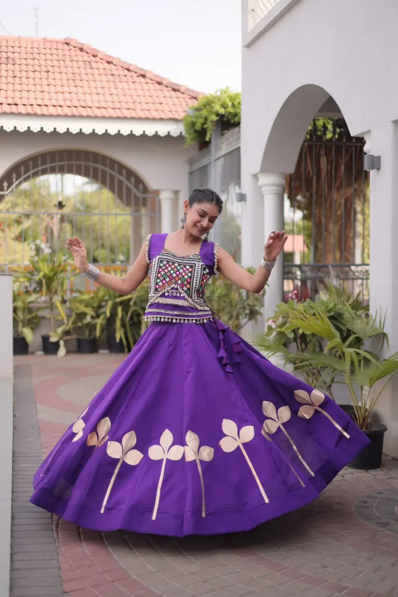 Purple Colour Roman Silk Pan-Patti Gota Designer Navratri Lehenga full flair
