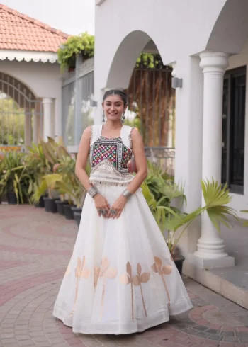 White Colour Roman Silk Pan-Patti Gota Designer Navratri Lehenga
