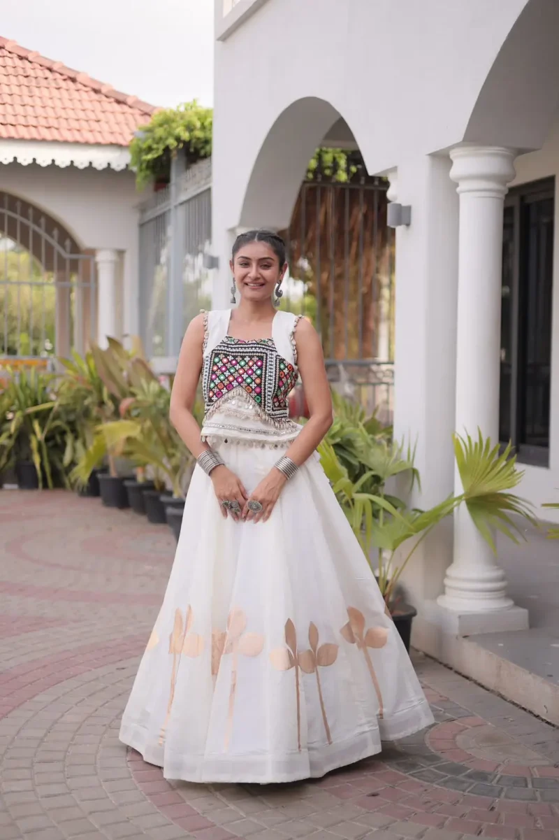 White Colour Roman Silk Pan-Patti Gota Designer Navratri Lehenga