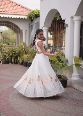 White Colour Roman Silk Pan-Patti Gota Designer Navratri Lehenga back side look
