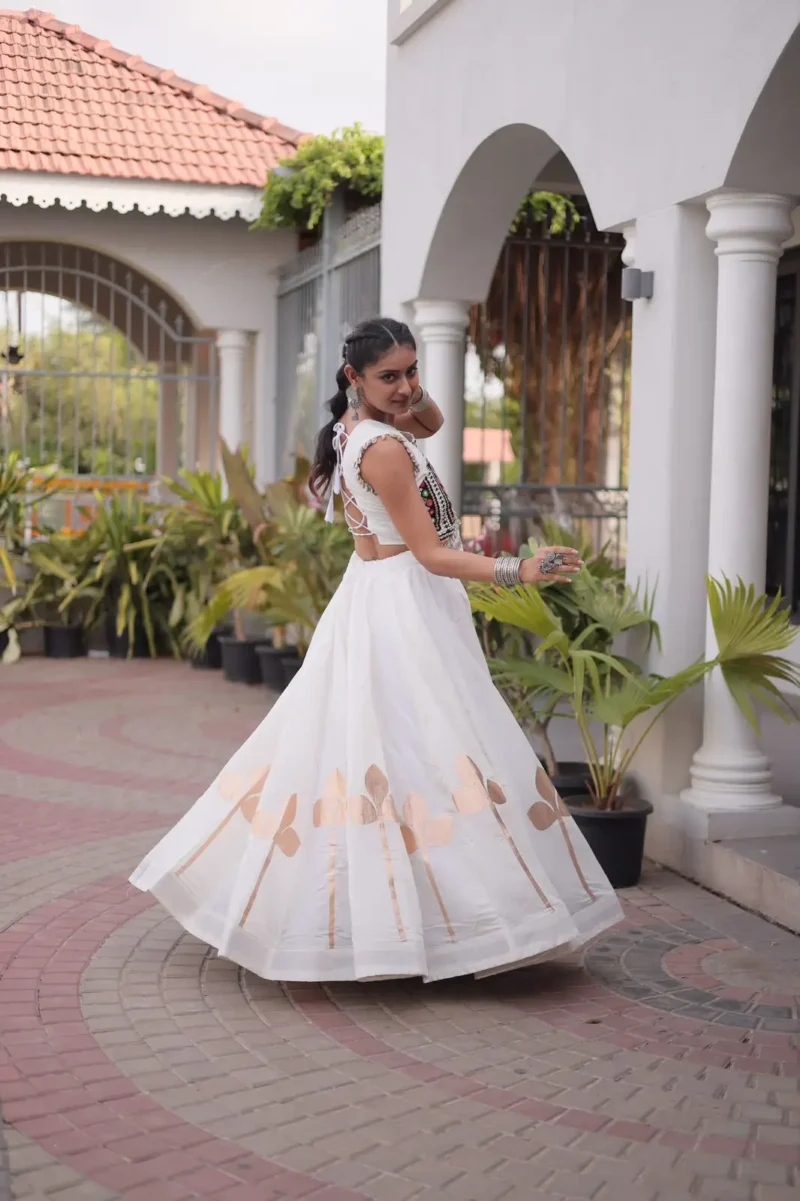 White Colour Roman Silk Pan-Patti Gota Designer Navratri Lehenga back side look