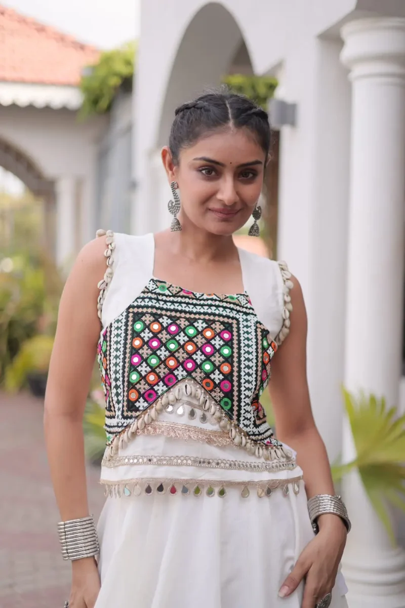 White Colour Roman Silk Pan-Patti Gota Designer Navratri Lehenga close look