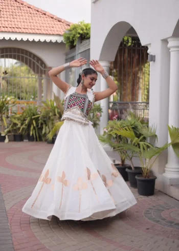 White Colour Roman Silk Pan-Patti Gota Designer Navratri Lehenga flair look