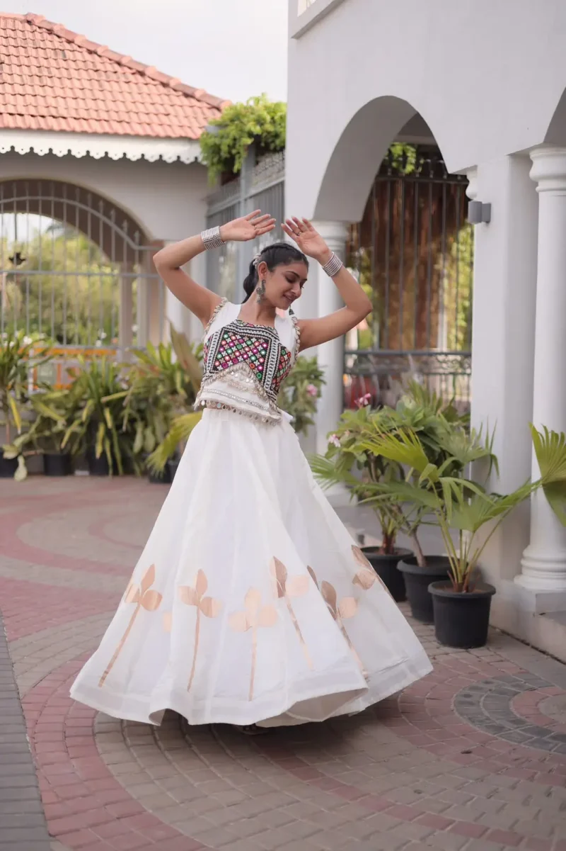 White Colour Roman Silk Pan-Patti Gota Designer Navratri Lehenga flair look