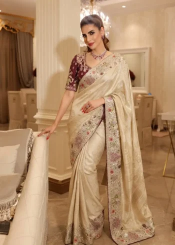 Beige Royal Hathi Pure Kanjivaram Silk Heavy Embroidered Bridal Saree