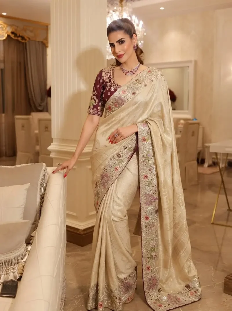 Beige Royal Hathi Pure Kanjivaram Silk Heavy Embroidered Bridal Saree