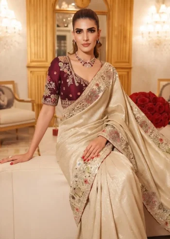 Beige Royal Hathi Pure Kanjivaram Silk Heavy Embroidered Bridal Saree close