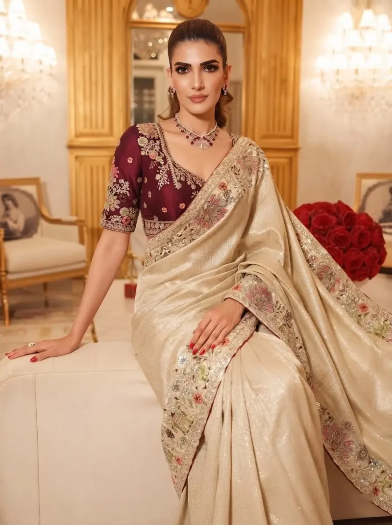Beige Royal Hathi Pure Kanjivaram Silk Heavy Embroidered Bridal Saree close