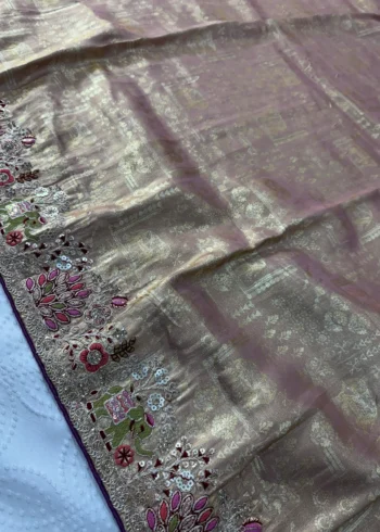 Peach Royal Hathi Pure Kanjivaram Silk Heavy Embroidered Bridal Saree close embroidery look
