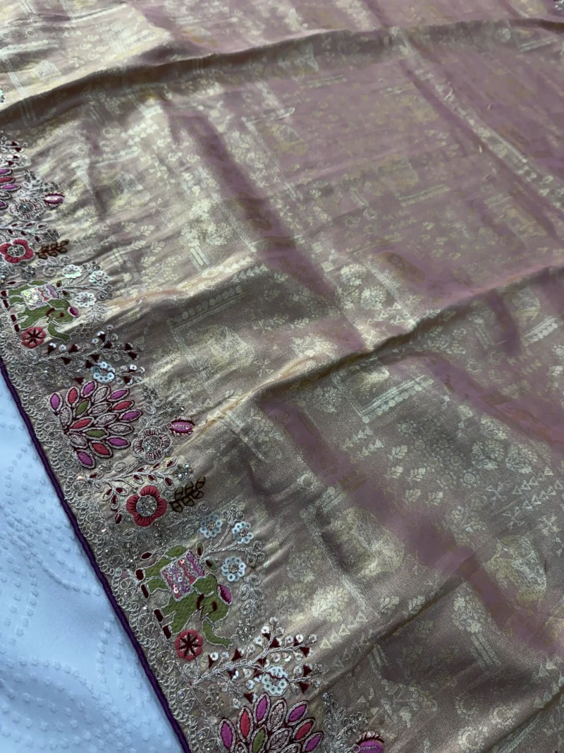 Peach Royal Hathi Pure Kanjivaram Silk Heavy Embroidered Bridal Saree close embroidery look