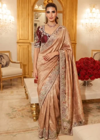 Peach Royal Hathi Pure Kanjivaram Silk Heavy Embroidered Bridal Saree
