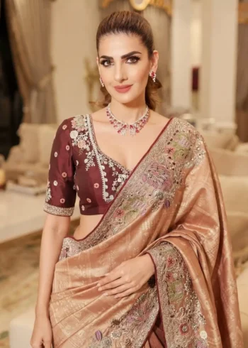 Peach Royal Hathi Pure Kanjivaram Silk Heavy Embroidered Bridal Saree close look