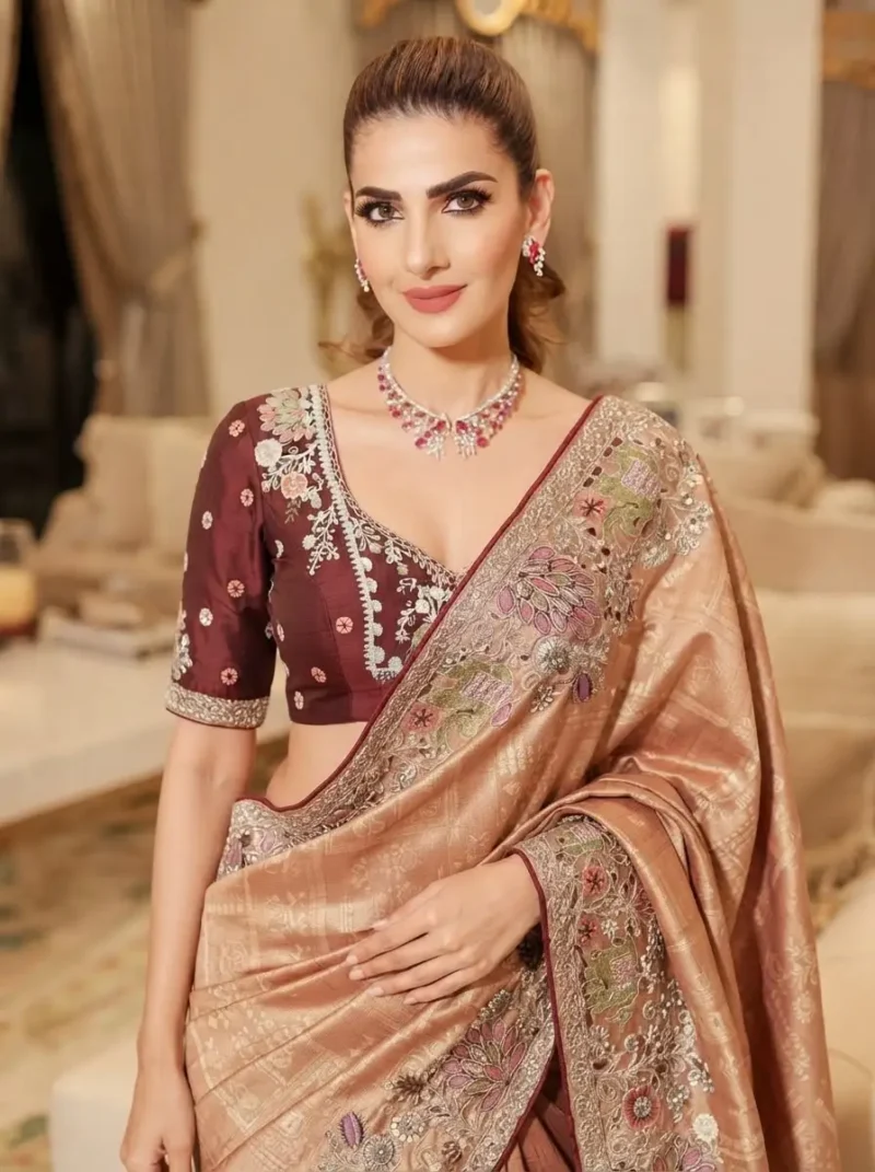 Peach Royal Hathi Pure Kanjivaram Silk Heavy Embroidered Bridal Saree close look