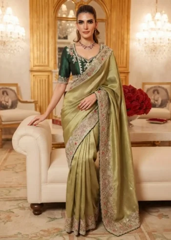 Pista Royal Hathi Pure Kanjivaram Silk Heavy Embroidered Bridal Saree