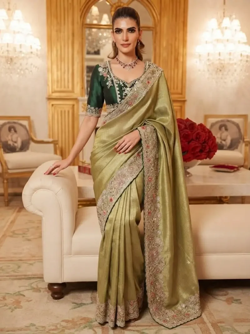 Pista Royal Hathi Pure Kanjivaram Silk Heavy Embroidered Bridal Saree