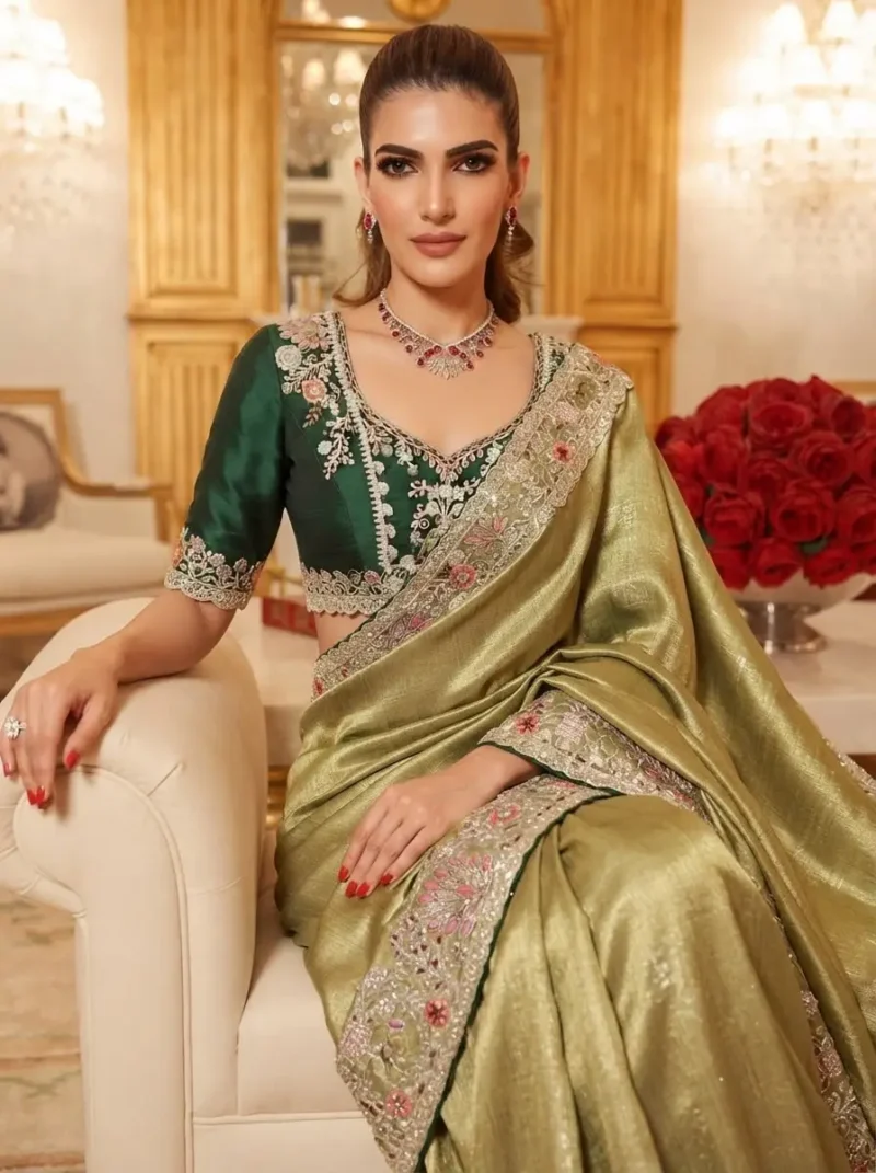 Pista Royal Hathi Pure Kanjivaram Silk Heavy Embroidered Bridal Saree close look
