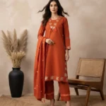 Rust Orange 60-60 Cotton Embroidered Kurta Pant Set with Dupatta