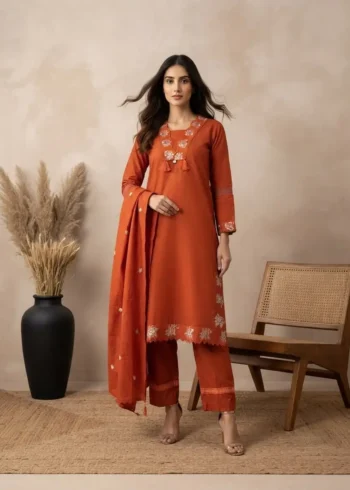 Rust Orange 60-60 Cotton Embroidered Kurta Pant Set with Dupatta