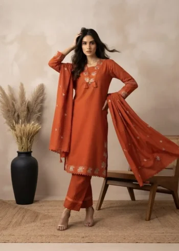 Rust Orange 60-60 Cotton Embroidered Kurta Pant Set with Dupatta front look