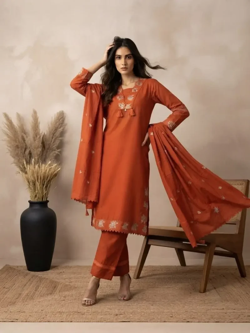 Rust Orange 60-60 Cotton Embroidered Kurta Pant Set with Dupatta front look
