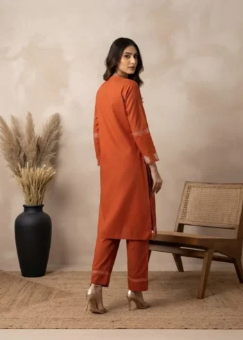 Rust Orange 60-60 Cotton Embroidered Kurta Pant Set with Dupatta back side