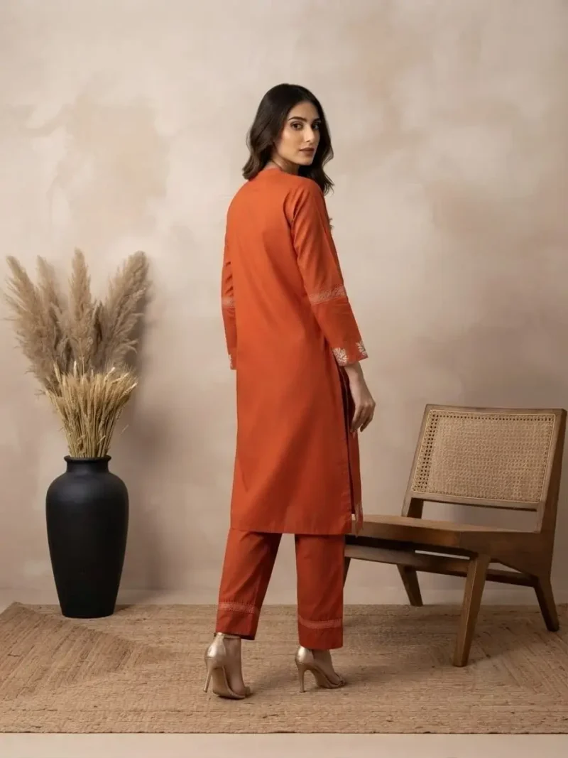 Rust Orange 60-60 Cotton Embroidered Kurta Pant Set with Dupatta back side