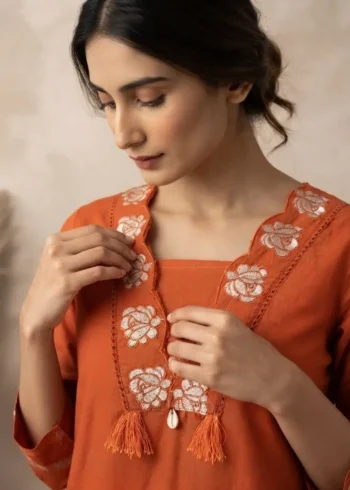 Rust Orange 60-60 Cotton Embroidered Kurta Pant Set with Dupatta close