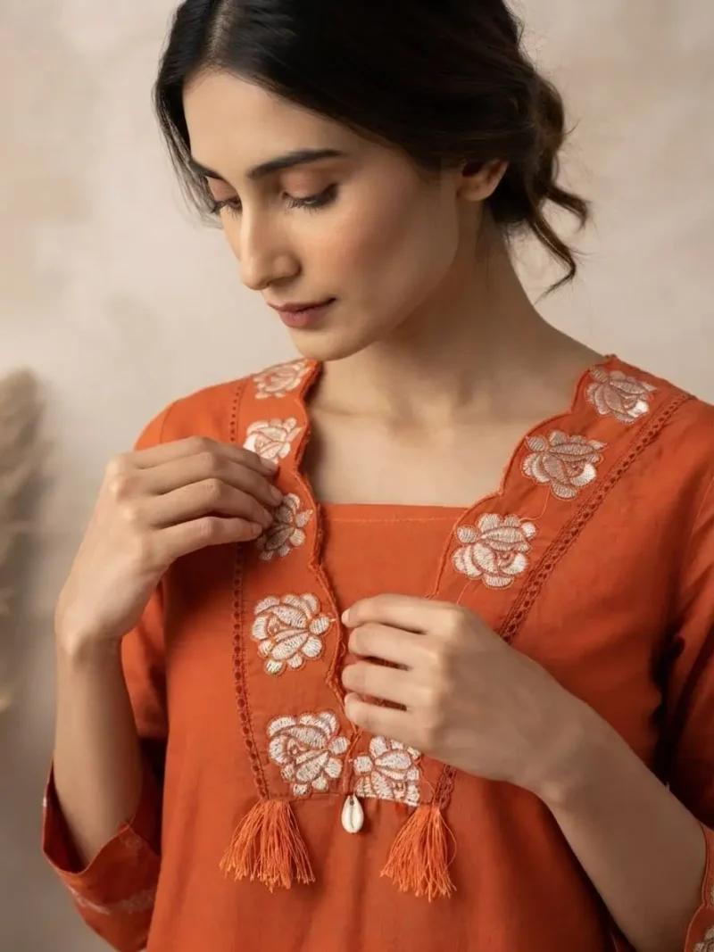 Rust Orange 60-60 Cotton Embroidered Kurta Pant Set with Dupatta close