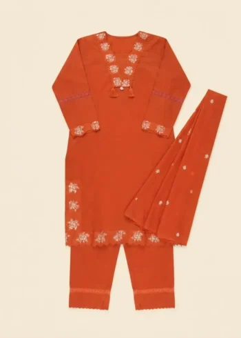 Rust Orange 60-60 Cotton Embroidered Kurta Pant Set with Dupatta live