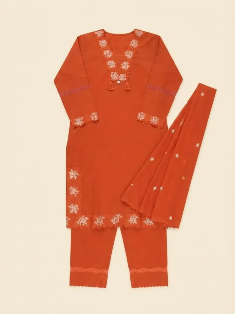 Rust Orange 60-60 Cotton Embroidered Kurta Pant Set with Dupatta live