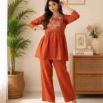 Women's Rust Orange Embroidered Cotton Top and Pant Co-ord Set