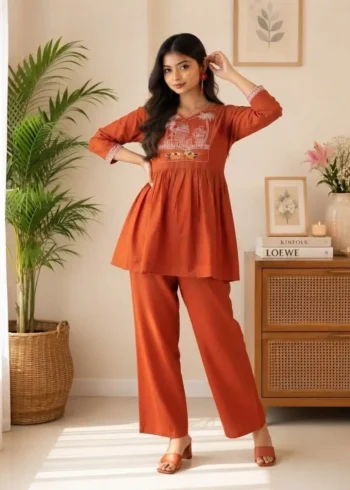 Women's Rust Orange Embroidered Cotton Top and Pant Co-ord Set