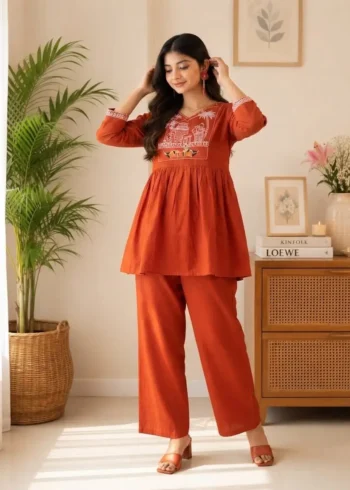 Women's Rust Orange Embroidered Cotton Top and Pant Co-ord Set front look