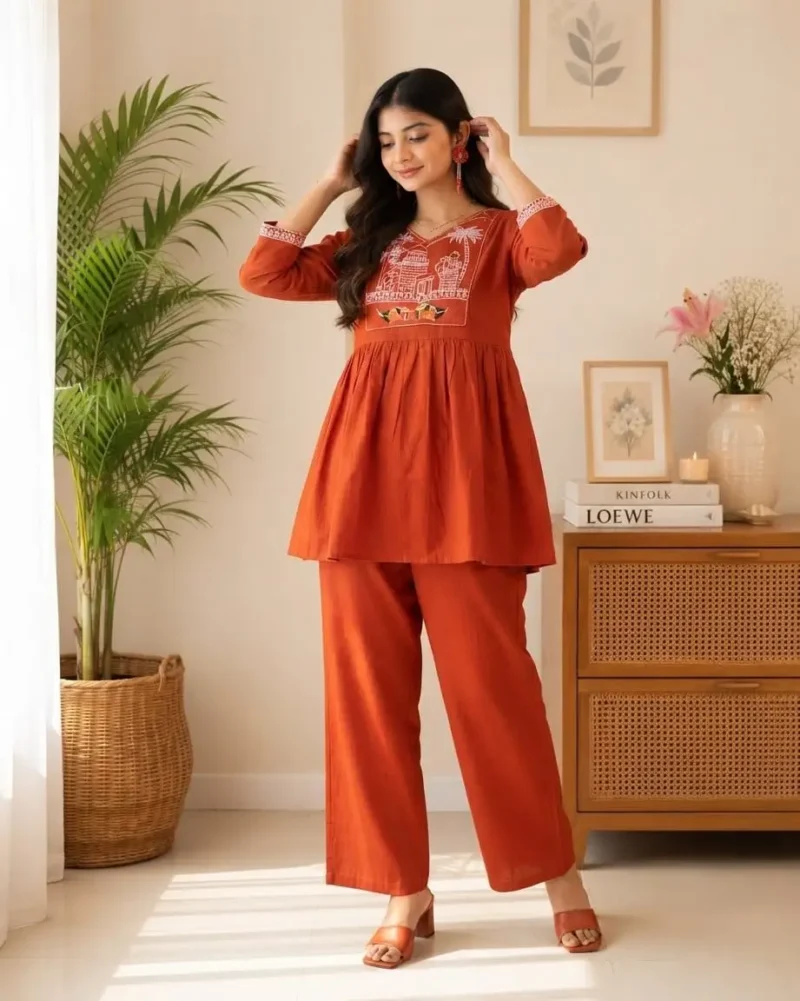 Women's Rust Orange Embroidered Cotton Top and Pant Co-ord Set front look