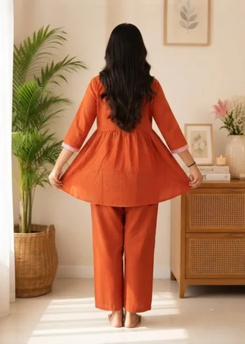Women's Rust Orange Embroidered Cotton Top and Pant Co-ord Set back side