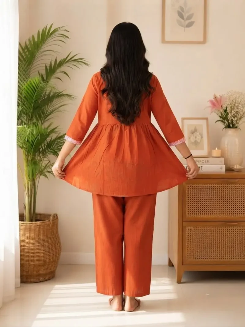 Women's Rust Orange Embroidered Cotton Top and Pant Co-ord Set back side