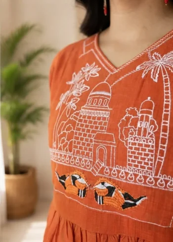 Women's Rust Orange Embroidered Cotton Top and Pant Co-ord Set chest work