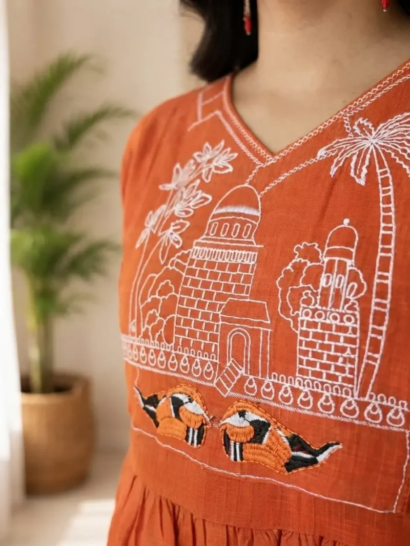 Women's Rust Orange Embroidered Cotton Top and Pant Co-ord Set chest work