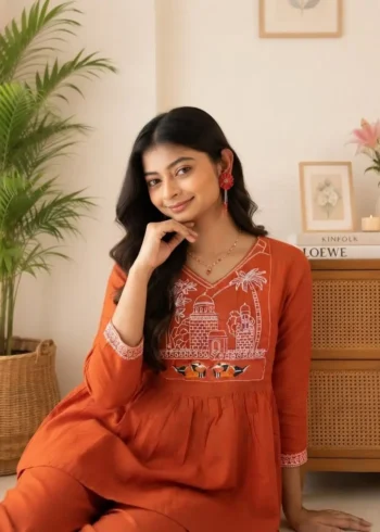 Women's Rust Orange Embroidered Cotton Top and Pant Co-ord Set close