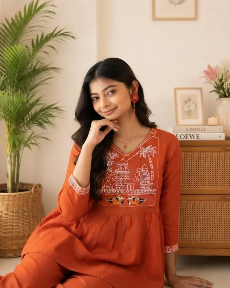 Women's Rust Orange Embroidered Cotton Top and Pant Co-ord Set close