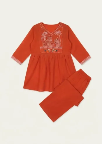 Women's Rust Orange Embroidered Cotton Top and Pant Co-ord Set live