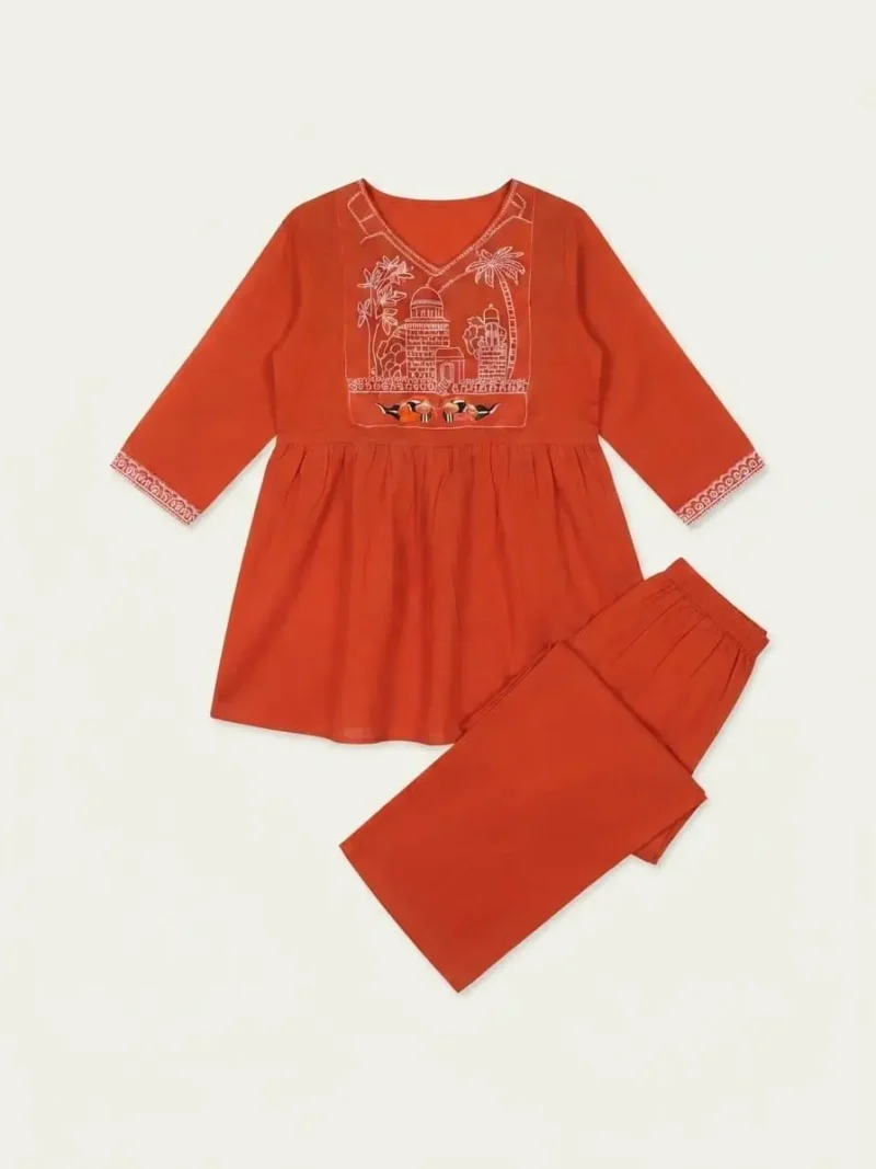 Women's Rust Orange Embroidered Cotton Top and Pant Co-ord Set live