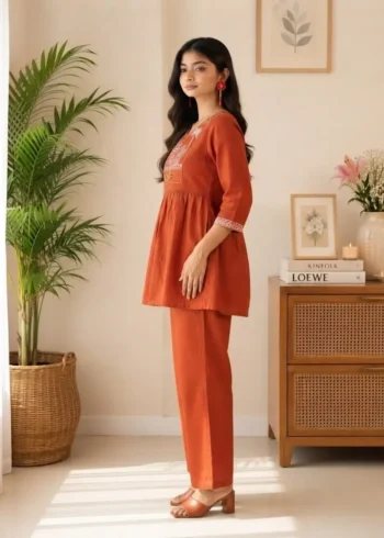 Women's Rust Orange Embroidered Cotton Top and Pant Co-ord Set side look