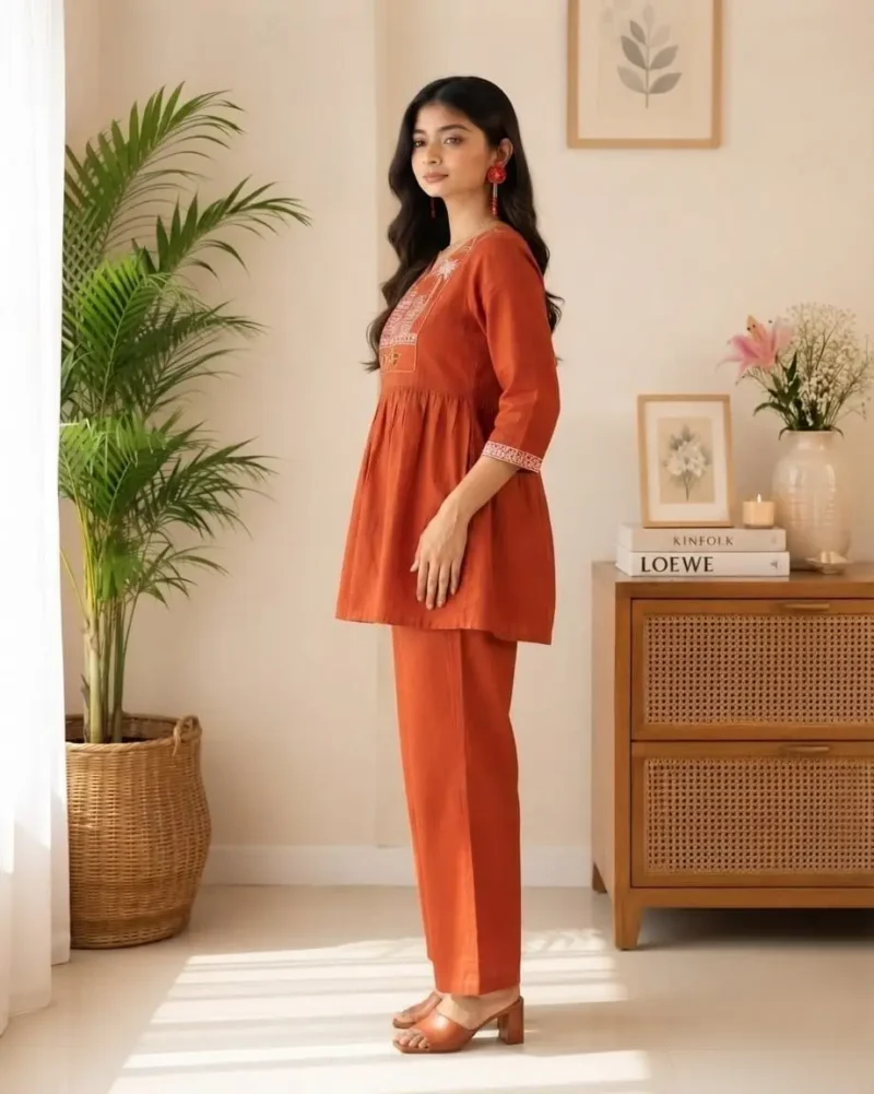 Women's Rust Orange Embroidered Cotton Top and Pant Co-ord Set side look