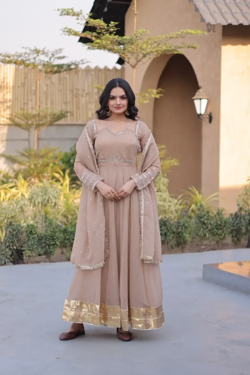 Chiku Women's Silver Crunchy Designer Party Wear Gown with Dupatta