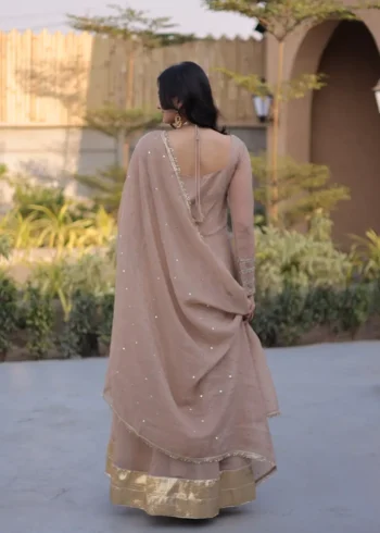 Chiku Women's Silver Crunchy Designer Party Wear Gown with Dupatta back side design