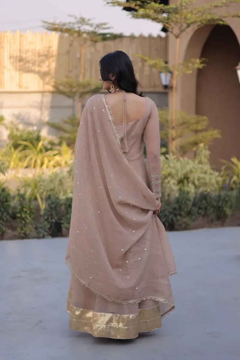 Chiku Women's Silver Crunchy Designer Party Wear Gown with Dupatta back side design
