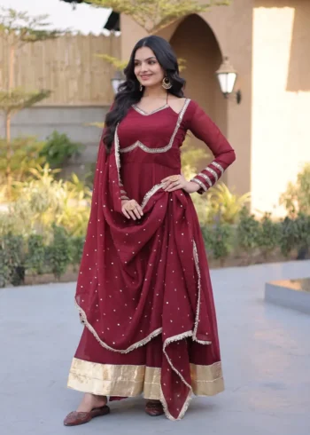Maroon Women's Silver Crunchy Designer Party Wear Gown with Dupatta front look